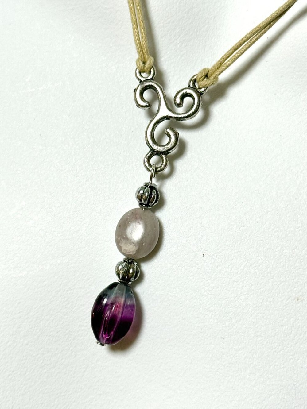 2/$20, Fluorite & Lepidolite Short Necklace, Purple Gemstone Beige Cord Necklace